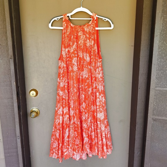Ranna Gill Anthropologie Orange Floral Print High Neck Pleated Sleeveless Dress - Picture 1 of 9